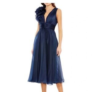 Mac Duggal 29494 Navy Deep Plunge Rosette Midi Dress | Size 10